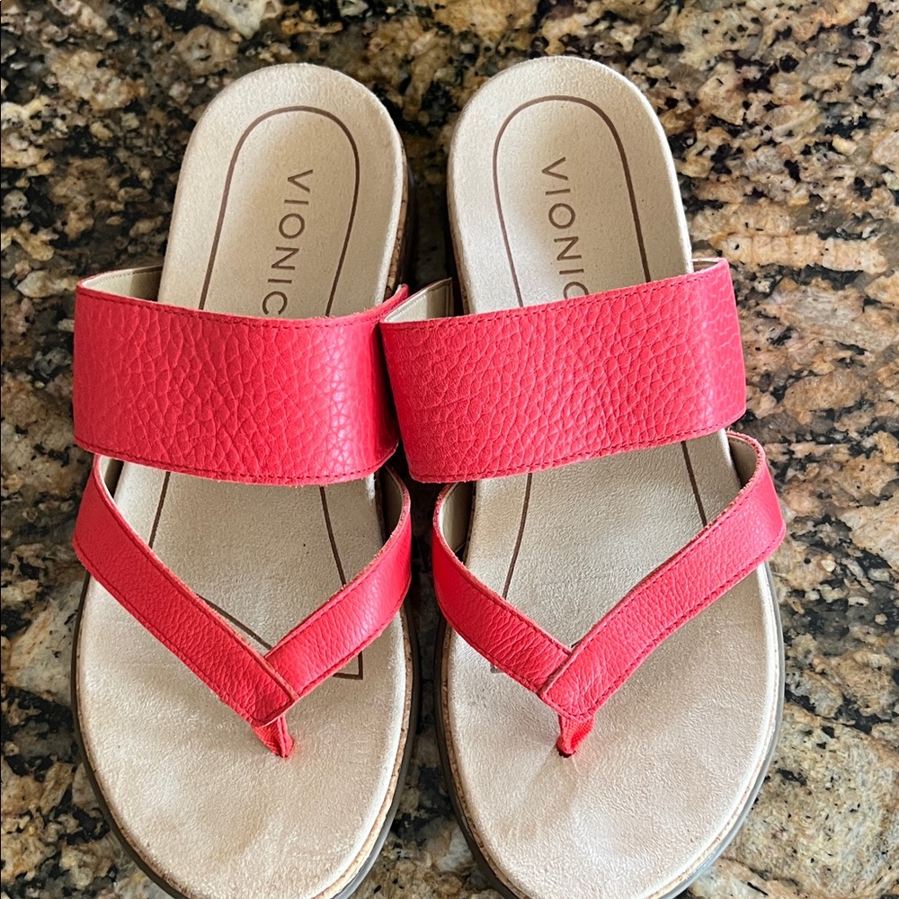 Vionic Vibrant Orange Leather Toe-Post Slide Sandals with Wide Strap